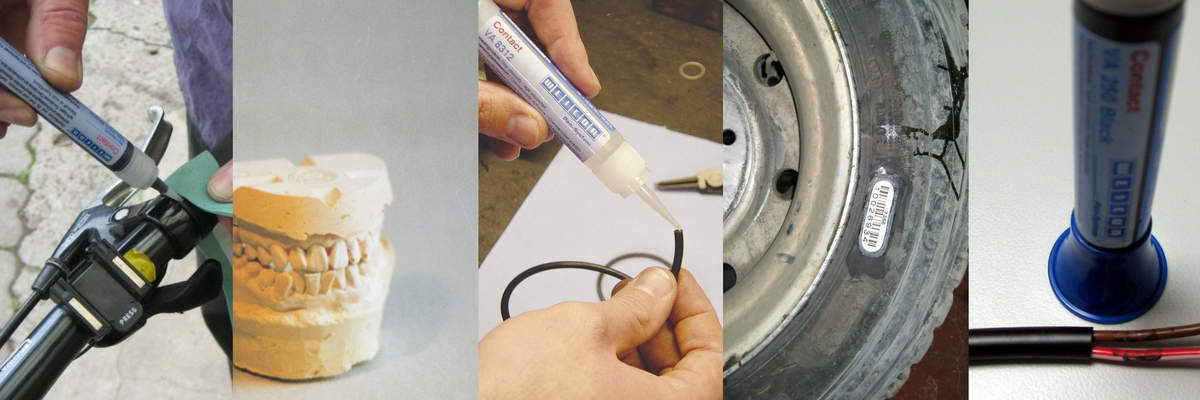 Examples of Weicon industrial super glues being used to fix a push bike, bond a dental mould, make a rubber O-ring, attach a label to a car tie and bond and seal electrical insulation on cables